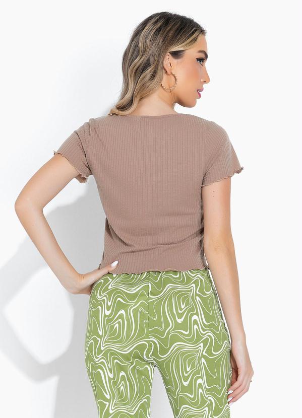 Moda Pop - Blusa Areia com Decote em V e Mangas Curtas 2