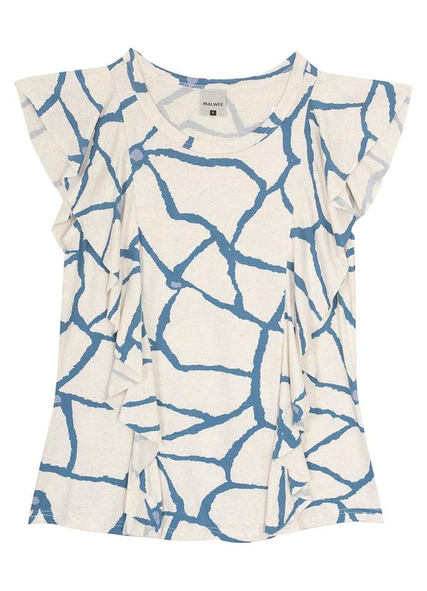 Malwee - Blusa Azul Babados Abstrata em Viscolinho