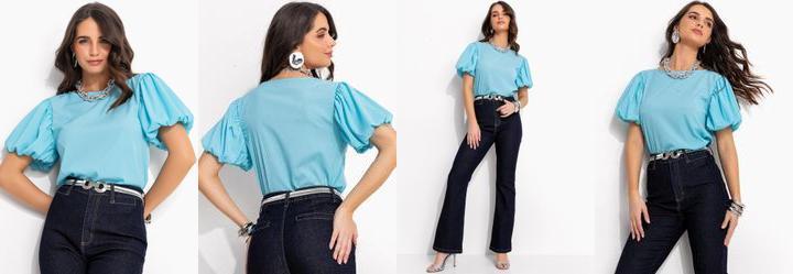 Blusa Azul Claro Balon em Crepe Plano