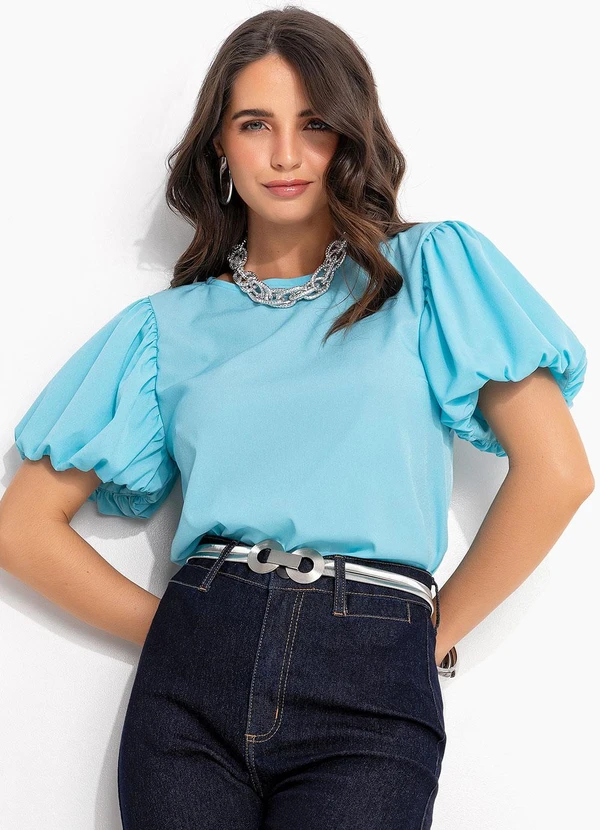 Quintess - Blusa Azul Claro Balonê em Crepe Plano