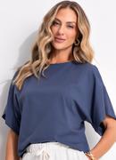 Blusa Azul em Malha de Algodo Penteado