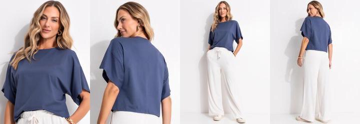 Blusa Azul em Malha de Algodo Penteado
