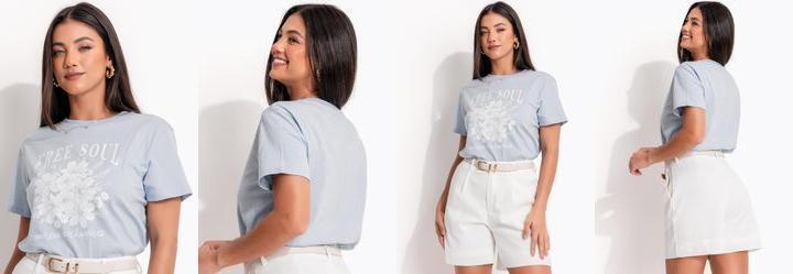 Blusa Azul em Malha de Algodo Penteado