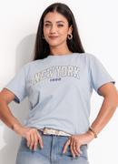 Blusa Azul em Malha de Algodo Penteado