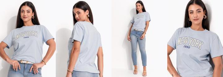 Blusa Azul em Malha de Algodo Penteado