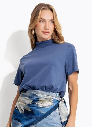 Quintess - Blusa Azul em Malha de Algodão Penteado - QUINTESS