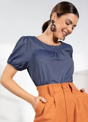 Quintess - Blusa Azul Escuro em Jeans Leve - QUINTESS