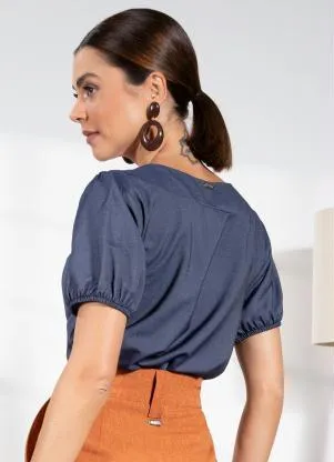 Quintess - Blusa Azul Escuro em Jeans Leve - QUINTESS