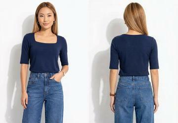 Blusa Azul Marinho Decote Quadrado em Microflex com Manga M�dia