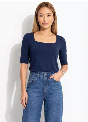 Blusa Azul Marinho Decote Quadrado em Microflex com Manga M�dia