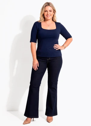 Quintess - Blusa Azul Marinho Decote Quadrado em Microflex com Manga Média - QUINTESS