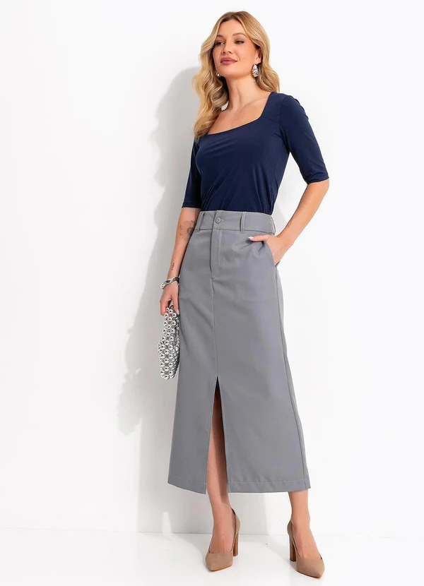 Quintess - Blusa Azul Marinho Decote Quadrado em Microflex com Manga Média 5