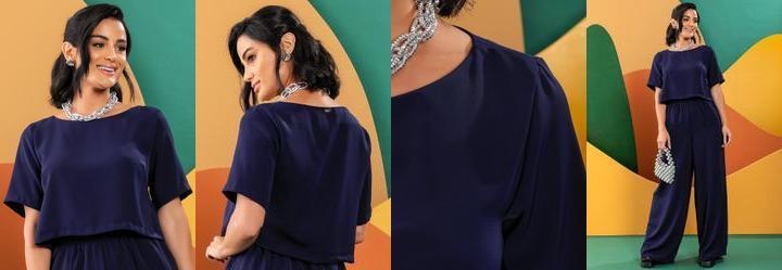 Blusa Azul Marinho em Crepe Plano Acetinado