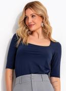 Blusa Azul Marinho Decote Quadrado em Microflex com Manga M�dia