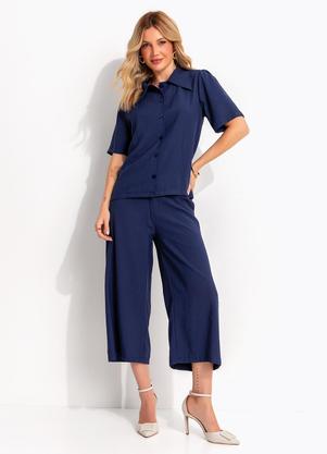 Camisa Alfaiataria Azul Marinho com Gola Vintage e Manga Curta