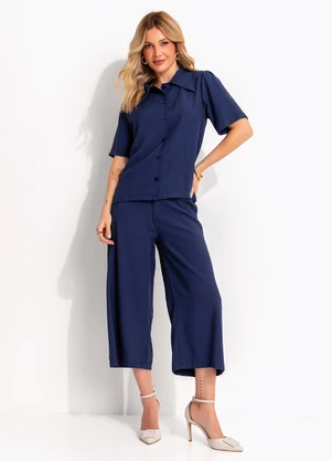 Quintess - Camisa Alfaiataria Azul Marinho com Gola Vintage e Manga Curta - QUINTESS