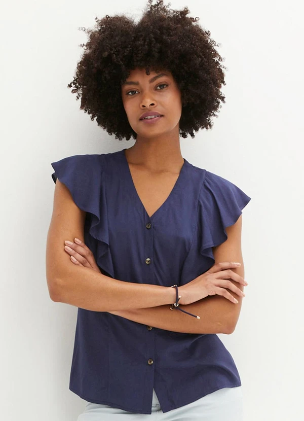 bonprix - Blusa Azul Marinho em Tecido Viscose Plana