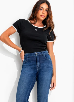 John John - Blusa Baby Rib Contraste Jj Preto - JOHN JOHN