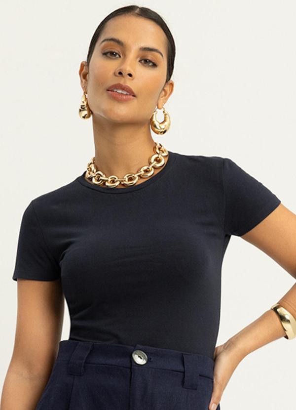 Lunender - Blusa Básica Manga Curta Malha Algodão Azul