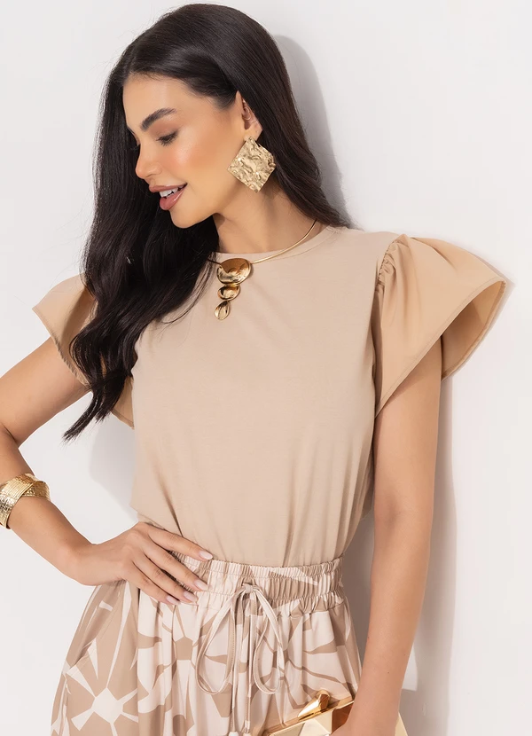 Blusa Bege em Malha de Algodão Quintess