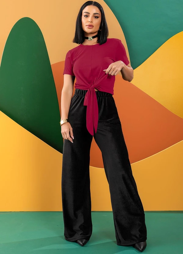 Quintess - Blusa Bordô em Malha de Viscose com Nó Frontal e Manga Curta 2