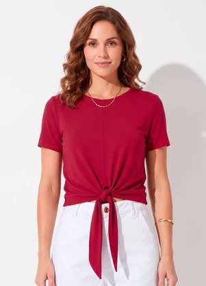 Quintess - Blusa Bordô em Malha de Viscose com Nó Frontal e Manga Curta - QUINTESS