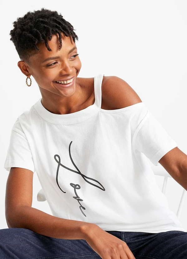 bonprix - Blusa Branca em Malha de Algodão Penteado