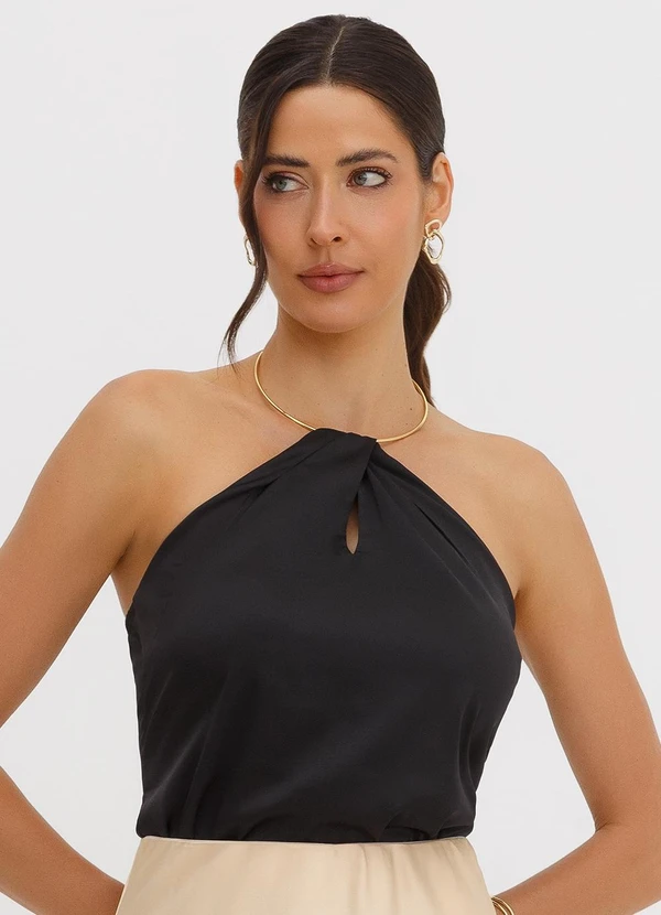 Principessa - Blusa Cava Americana em Cetim Preto Mariane