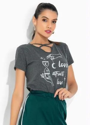 Moda Pop - Blusa Chumbo com Estampa Localizada - MODA POP