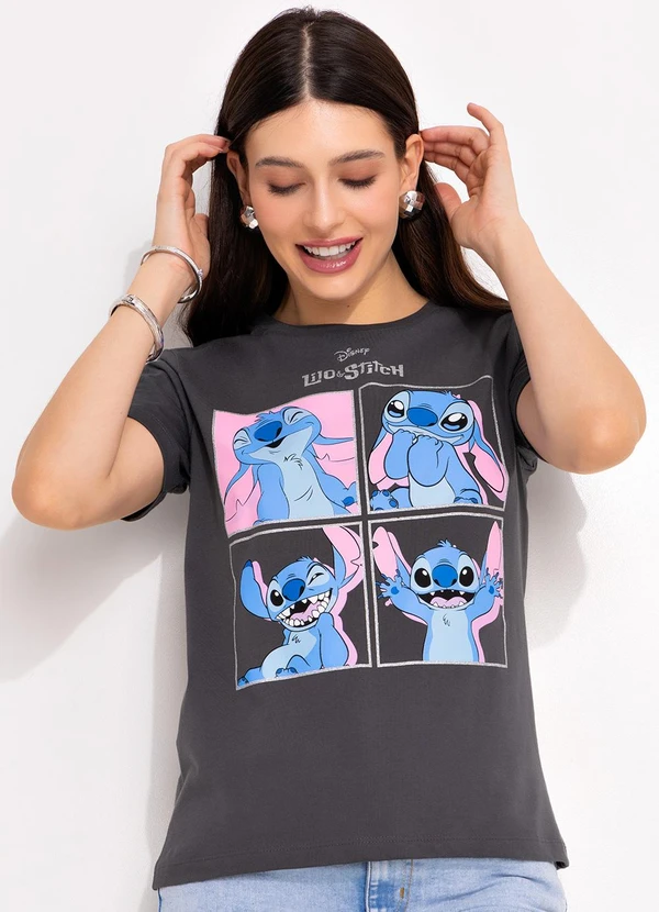 Disney - Blusa Cinza Escuro em Malha de Algodão Penteado