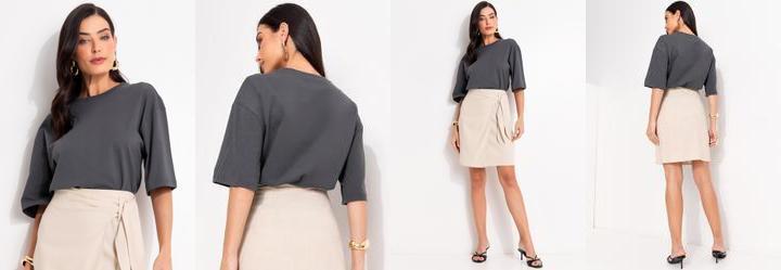 Blusa Cinza Escuro em Malha de Algodão Penteado Blusa Cinza Escuro em Malha de Algodão Penteado