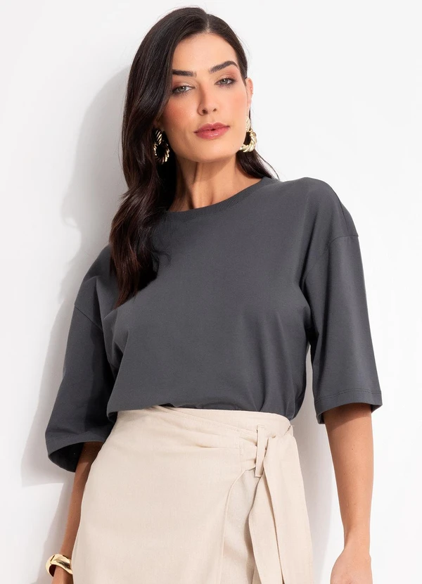 Quintess - Blusa Cinza Escuro em Malha de Algodão Penteado
