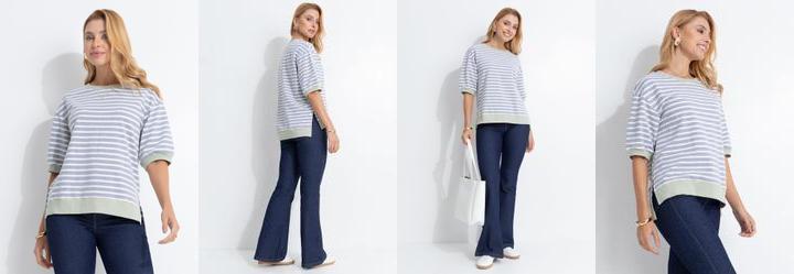 Blusa Cinza Listrada em Molecotton