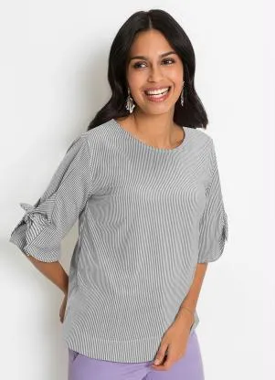 bonprix - Blusa com Amaração nas Mangas Listrado Cinza - BONPRIX