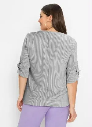 bonprix - Blusa com Amaração nas Mangas Listrado Cinza - BONPRIX