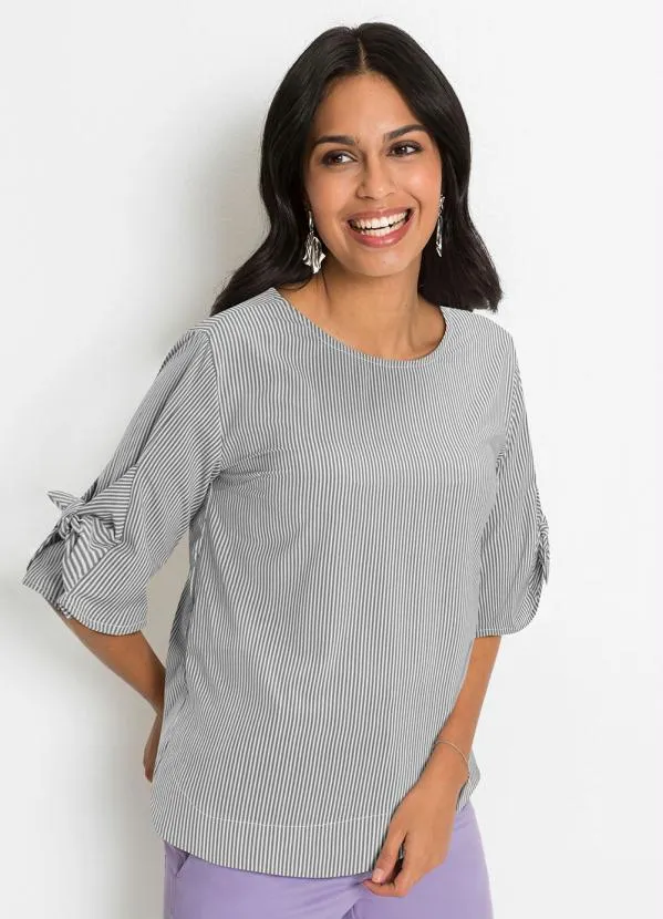 bonprix - Blusa com Amaração nas Mangas Listrado Cinza
