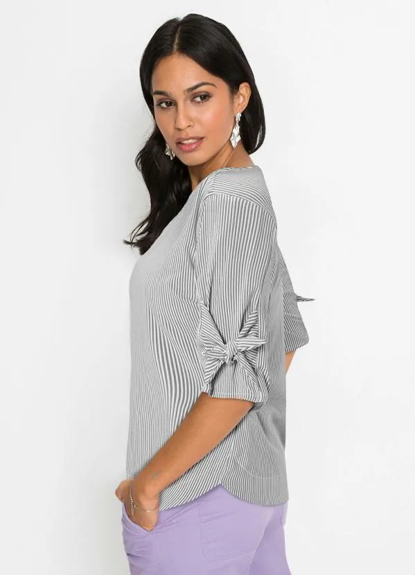 bonprix - Blusa com Amaração nas Mangas Listrado Cinza 9