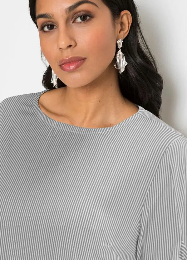 bonprix - Blusa com Amaração nas Mangas Listrado Cinza 8