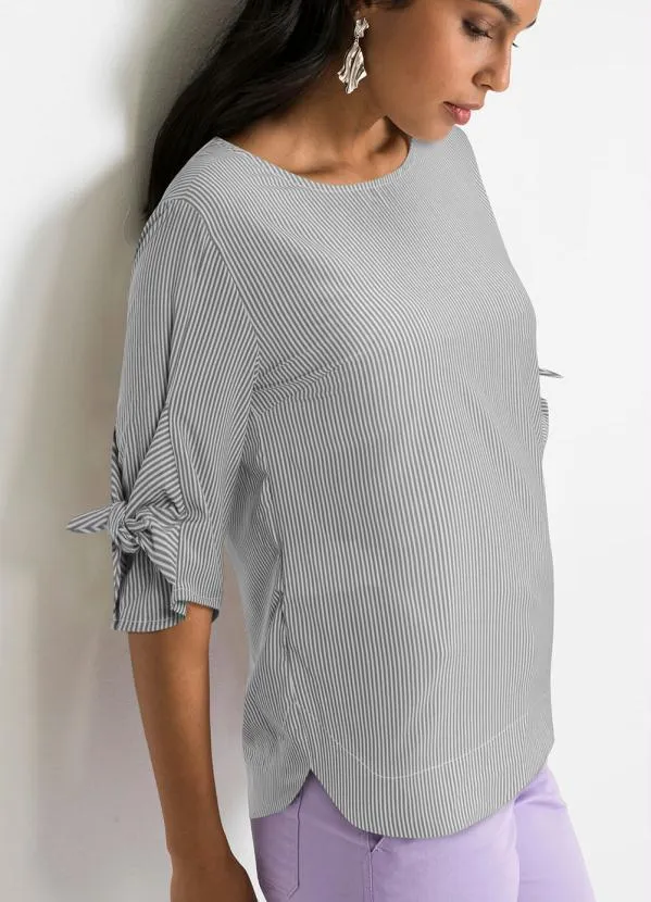 bonprix - Blusa com Amaração nas Mangas Listrado Cinza 7
