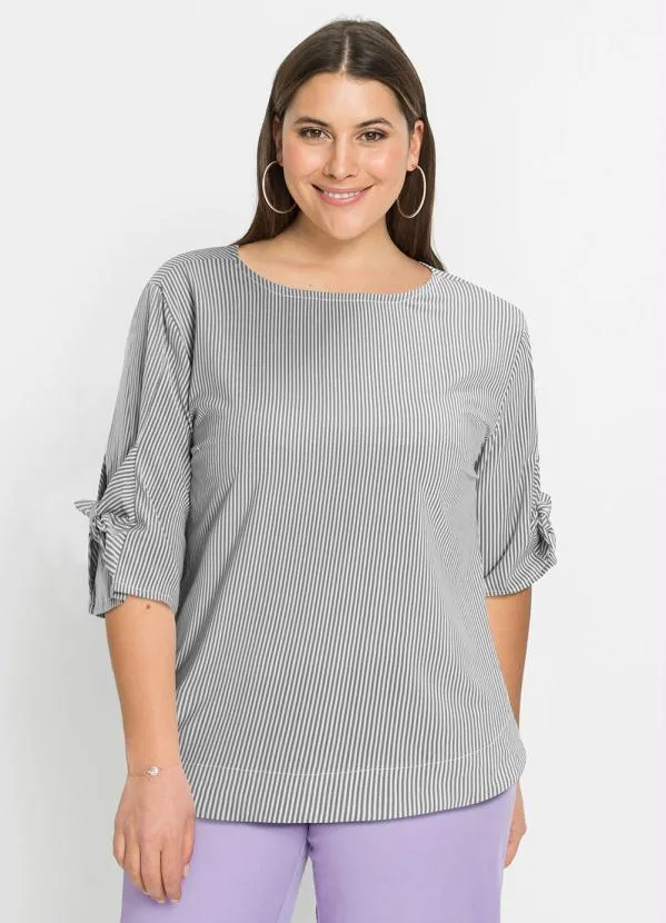 bonprix - Blusa com Amaração nas Mangas Listrado Cinza 6