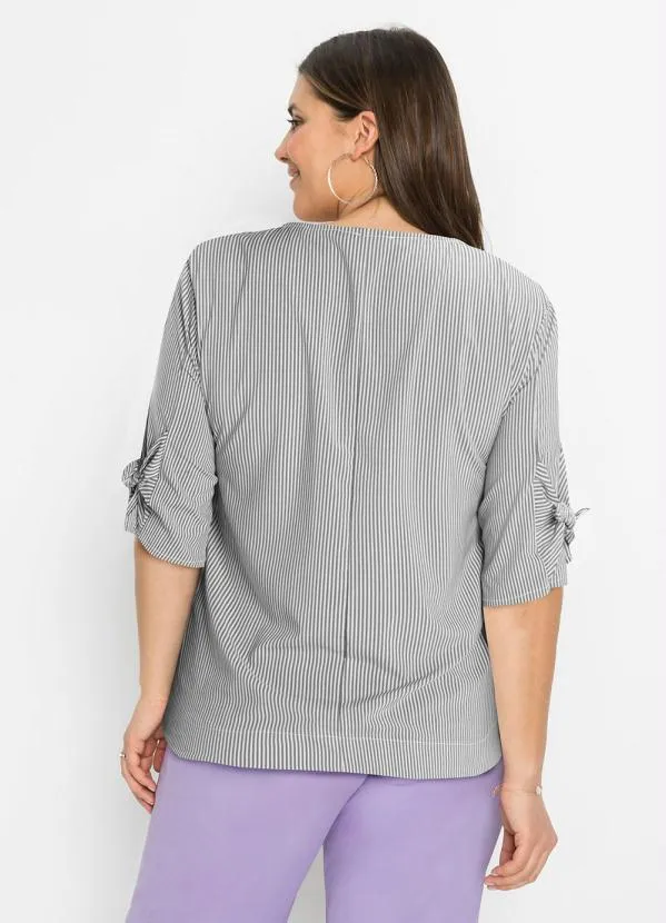 bonprix - Blusa com Amaração nas Mangas Listrado Cinza 5
