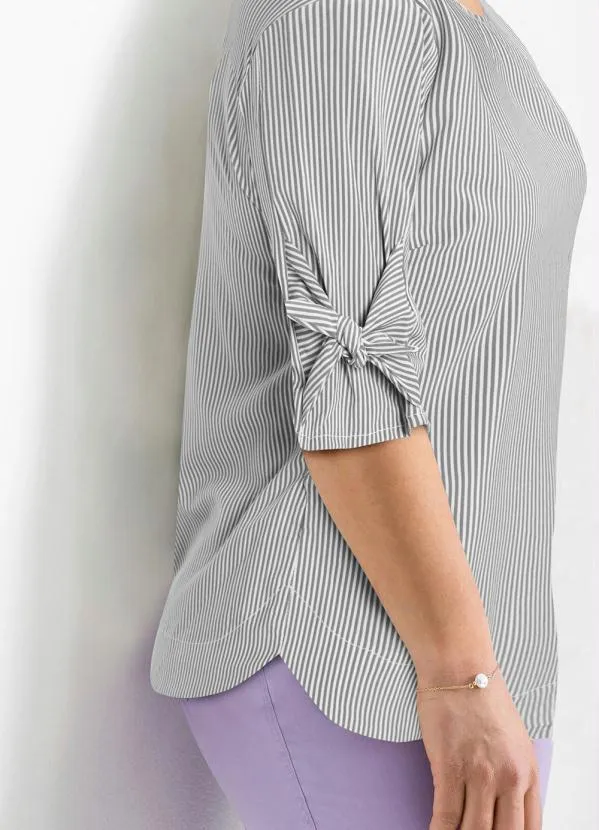 bonprix - Blusa com Amaração nas Mangas Listrado Cinza 4
