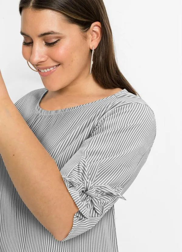 bonprix - Blusa com Amaração nas Mangas Listrado Cinza 3