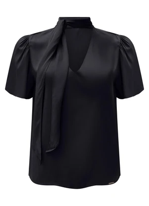 Lunender - Blusa com Amarração e Decote em V Preto - LUNENDER