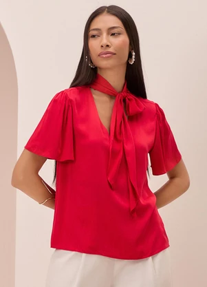 Lunender - Blusa com Amarração e Decote em V Vermelho - LUNENDER