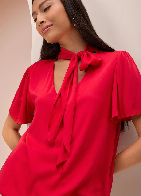 Lunender - Blusa com Amarração e Decote em V Vermelho 5