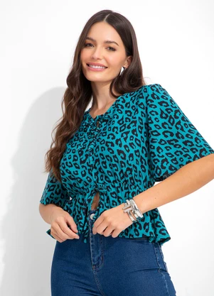 bonprix - Blusa com Amarração no Decote Onça Azul - BONPRIX
