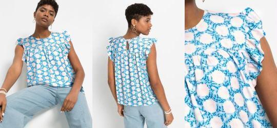 Blusa com Babado Decote Redondo Floral Azul