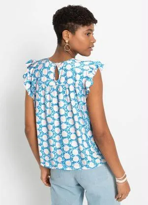 bonprix - Blusa com Babado Decote Redondo Floral Azul - BONPRIX