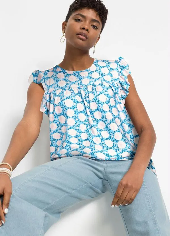 bonprix - Blusa com Babado Decote Redondo Floral Azul